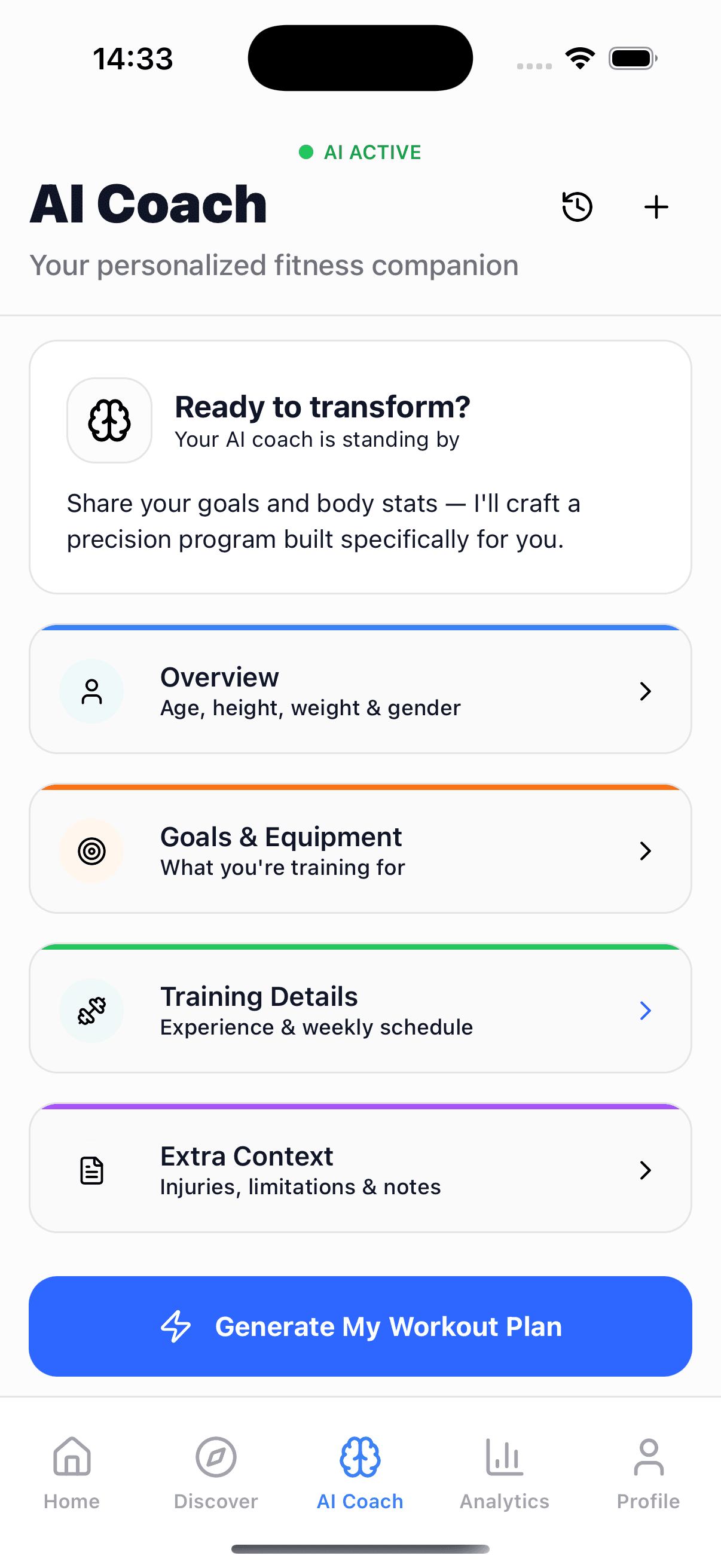 AI personalized plan screen in FitzyGo