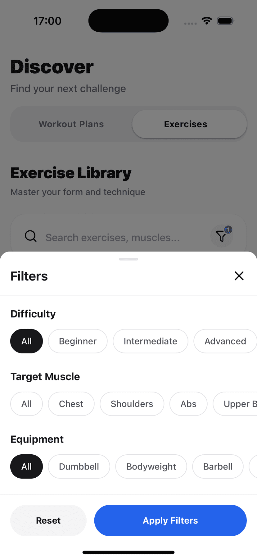 Exercise search and filters
